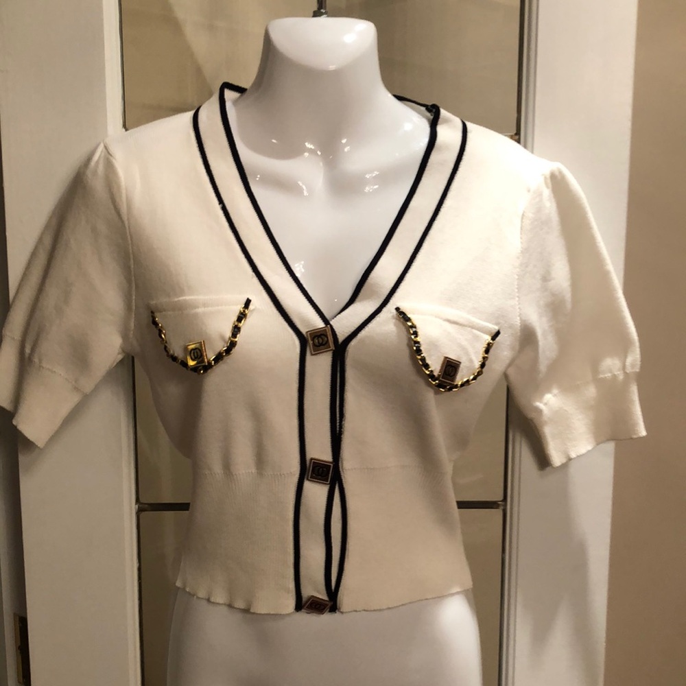 Elegant White Cardigan with Black Trim